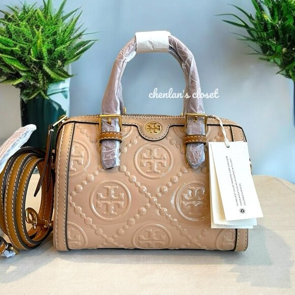 🔥NeW! Tory Burch T MONOGRAM PATENT EMBOSSED PETITE BARREL BAG - Picture 4 of 11